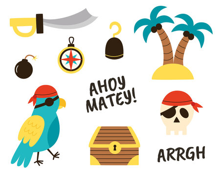 Set of hand drawn pirate elements for creating logos, cards, worksheets and posters.