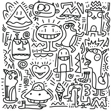 pattern character with doodle monsters, coloring page-02