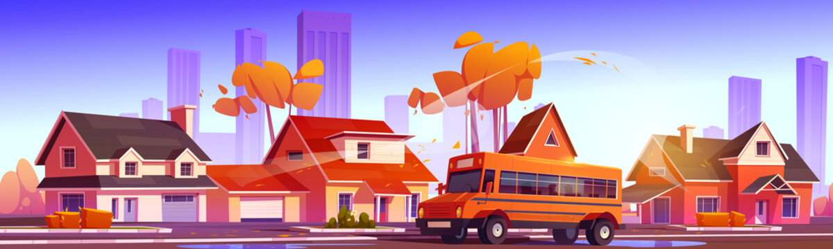 School bus on road in suburb district of city. Vector cartoon illustration of autumn landscape of street with suburban houses, orange trees and yellow bus for kids