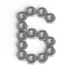 Number 6 made up of nuts. Industrial font or symbol. 3d illustration. Six from iron nuts