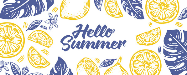 hello summer banner with doodles lemon and monstera leaves - obrazy, fototapety, plakaty