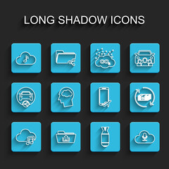 Set line Music streaming service, Folder upload, Aviation bomb, Head silhouette with cloud, Refund money and Flight mode the mobile icon. Vector
