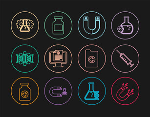 Set line Magnet with lightning, Syringe, Clinical record on monitor, Genetic engineering, Bioengineering, and Medicine bottle icon. Vector