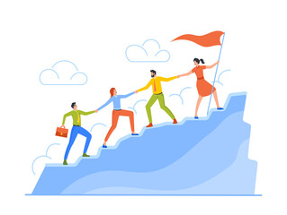 Business Characters Team Climbing at Mountain Peak Holding Hands Follow Leader with Red Flag. Business People Teamwork