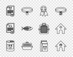 Set line Canned food for dog, Dog house and paw print pet, Cat award symbol, Pet carry case, Certificate cat, Fish skeleton, Bag of and Veterinary medicine hospital icon. Vector