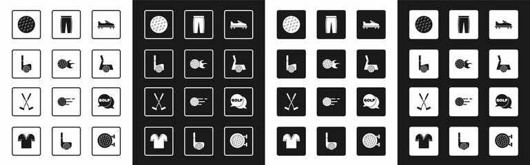 Set Golf shoe, ball, club with, pants, label and Crossed golf icon. Vector