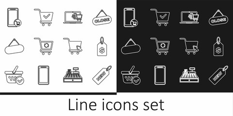 Set line Price tag with New, dollar, Shopping cart on laptop, Refresh shopping, Signboard hanging, Mobile and, cursor and check mark icon. Vector