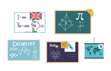 Set of Classroom Blackboards with Different Lessons Isolated on White Background. English Language Rules, Geometry