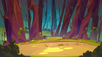 Deep forest landscape with dirt path, cartoon vector illustration. Fairy tale or playful background, with murky forest thicket and dark trees