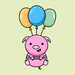 Cute pig flying with balloon cartoon design