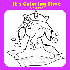 Coloring worksheet for children. Unicorn theme. Vector illustrations.