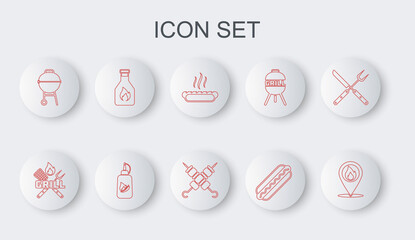 Set line Location with fire flame, Crossed fork and spatula, Hotdog sandwich, Barbecue grill, Ketchup bottle, and Grilled shish kebab icon. Vector