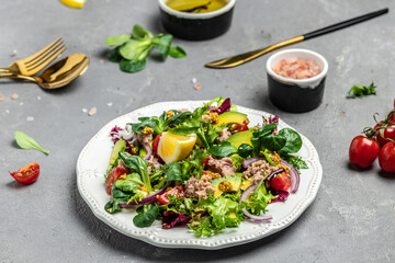 Tuna salad with lettuce, cherry tomatoes, avocado and red onions. Delicious breakfast or snack, Clean eating, dieting, vegan food concept. top view