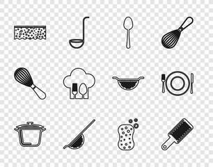 Set line Cooking pot, Grater, Spoon, Kitchen colander, Sponge with bubbles, Chef hat fork spoon, and Plate, knife icon. Vector