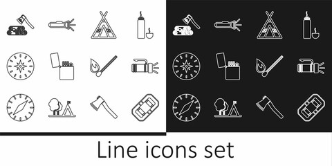 Set line Rafting boat, Flashlight, Tourist tent, Lighter, Compass, Wooden axe and wood, Burning match with fire and icon. Vector