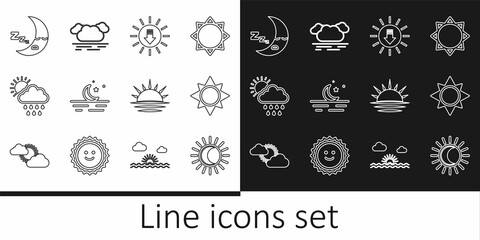 Set line Eclipse of the sun, Sun, Sunset, Moon and stars, Cloud with rain, icon, and icon. Vector