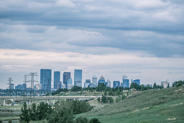 Traffic on Deerfoot trail with downtown Calgary Skyline in distance