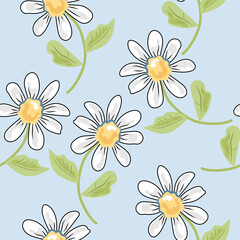 Obraz premium Seamless pattern with daisy flowers. Vector illustration. Retro and hippie vibes.