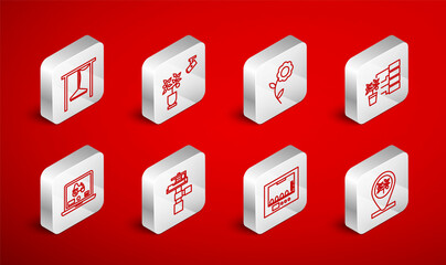 Set line Location and tree, Smart farming technology, Flower, analysis, Incubator for eggs, Automatic irrigation sprinklers, and Laptop application smart icon. Vector