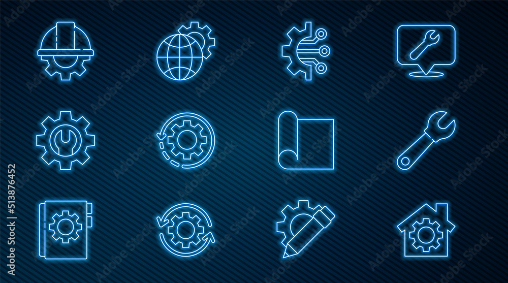 Aufkleber set line house with gear, wrench spanner, algorithm, gear and arrows as workflow, worker safety helm