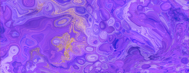 Elegant Acrylic Pour Banner. Liquid Swirls in Beautiful Purple and Blue colors, with Gold Glitter.
