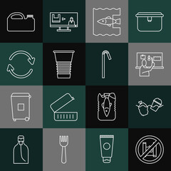 Set line Say no to plastic bags poster, Problem pollution of the ocean, Stop, Paper glass, Refresh, Canister for machine oil and Drinking straw icon. Vector