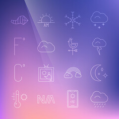 Set line Cloud with rain, Moon and stars, Storm, Snowflake, Fahrenheit, Cone meteorology windsock wind vane and Rooster weather icon. Vector