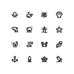 Sea creatures icon set, Minimal linear vector icons.