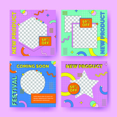 90's Social Media Post Background Illustration with Memphis Style And Geometric Pattern Template Collection Set 