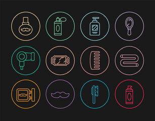 Set line Shaving gel foam, Towel, Bottle of shampoo, Hand mirror, Hair dryer, Beard mustaches care oil bottle, Hairbrush and Aftershave with atomizer icon. Vector