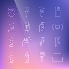 Set line Cream or lotion cosmetic tube, Hairbrush, Bow tie, Shaving, Electrical hair clipper shaver, Barbershop and Bottle of shampoo icon. Vector