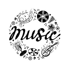 Frame with musical elements in a circle, hand-drawn in sketch style. Circle frame with hand-drawn music inscription. Vinyl record, old microphone, sheet music and guitar. A greeting card.