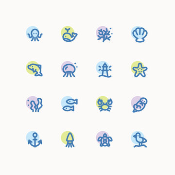 Sea creatures icon set, Minimal linear vector icons.