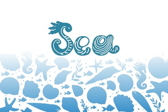Banner with silhouettes of sea creatures on white background. Design for tourist business advertising, for seafood grocery stores. Shells, fish, clams and algae. Hand-drawn doodles in sketch style