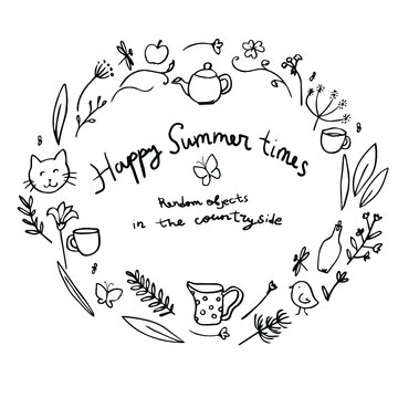 rendom summer nature plants objects contour hand drawn naive vector illustration fo all funny kids purpose 