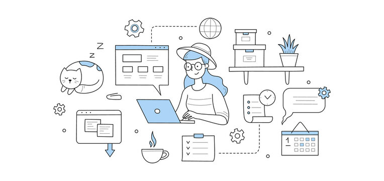 Home office, freelance doodle concept. Young woman work on laptop with cat, coffee cup and office supply icons around. Distant outsourced job, business, girl freelancer, Line art vector illustration