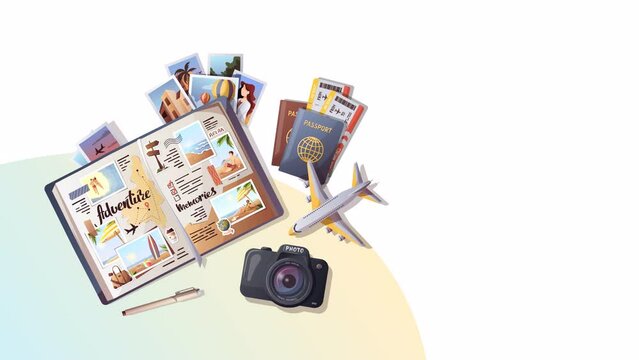 Travel journal, passports and boarding passes, camera and airplane. Travel, tourism, adventure, journey concept. Animation video.