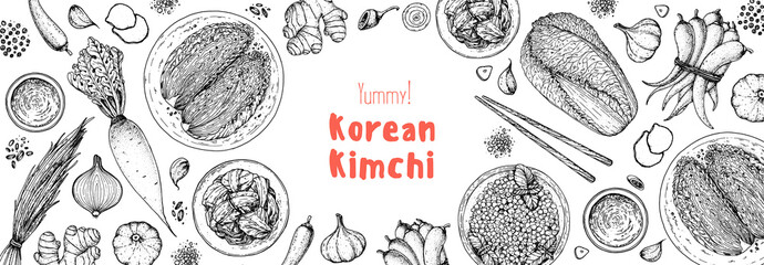 Kimchi cooking and ingredients for kimchi, sketch illustration. Korean cuisine frame. Healthy food, design elements. Hand drawn, package design. Asian food - obrazy, fototapety, plakaty