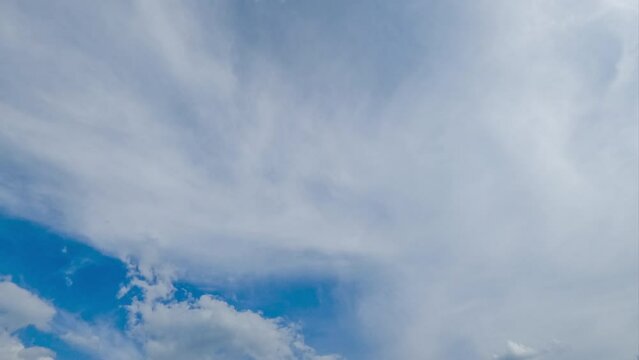 Different types of clouds drifting in blue sky. White dense cloudscape covering the sky. Timelapse.