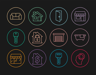 Set line Man dreaming about buying house, Bathtub, Closed door, House under protection, key, Sofa, Garage and icon. Vector