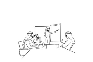 Business meeting between arabic business men. Concept of presentation. Cartoon vector illustration design