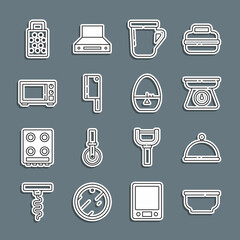 Set line Bowl, Covered with tray, Scales, Coffee cup, Meat chopper, Microwave oven, Grater and Kitchen timer icon. Vector