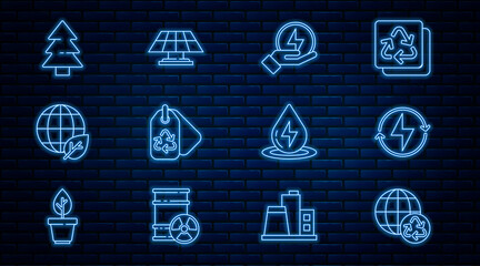 Set line Planet earth and recycling, Lightning bolt, Tag with recycle, Earth globe leaf, Christmas tree, Water energy and Solar panel icon. Vector