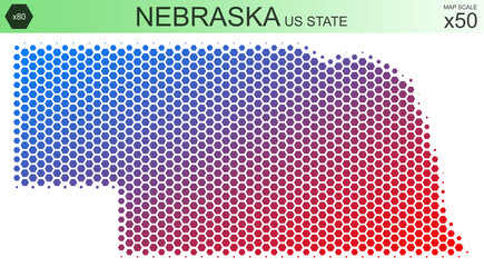 Dotted map of the state of Nebraska in the USA, from hexagons, on a scale of 50x50 elements. With smooth edges and a smooth gradient from one color to another on a white background.
