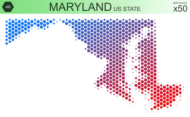 Dotted map of the state of Maryland in the USA, from hexagons, on a scale of 50x50 elements. With smooth edges and a smooth gradient from one color to another on a white background.