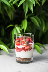 Breakfast layered parfait dessert with yogurt, sponge biscuit and fresh strawberry, white background copy space