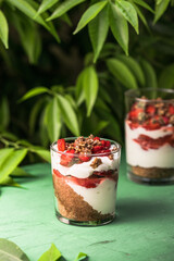 Breakfast layered parfait dessert with yogurt, sponge biscuit and fresh strawberry, white background copy space