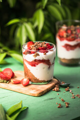 Breakfast layered parfait dessert with yogurt, sponge biscuit and fresh strawberry, white background copy space