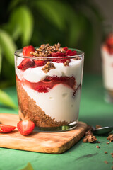Breakfast layered parfait dessert with yogurt, sponge biscuit and fresh strawberry, white background copy space