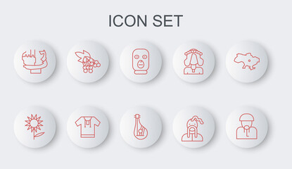 Set line Ukrainian cossack, Sunflower, Thief mask, Monument to founders of Kiev, Branch viburnum, Embroidered shirt and Bandura icon. Vector